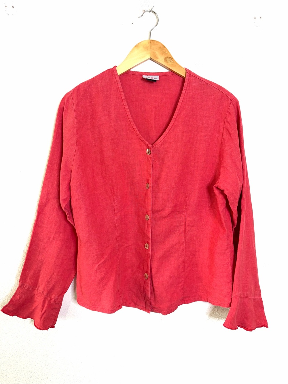 100% Hemp Two Star Dog Button-Front V-Neck Red Blouse Flared Cuffs top M